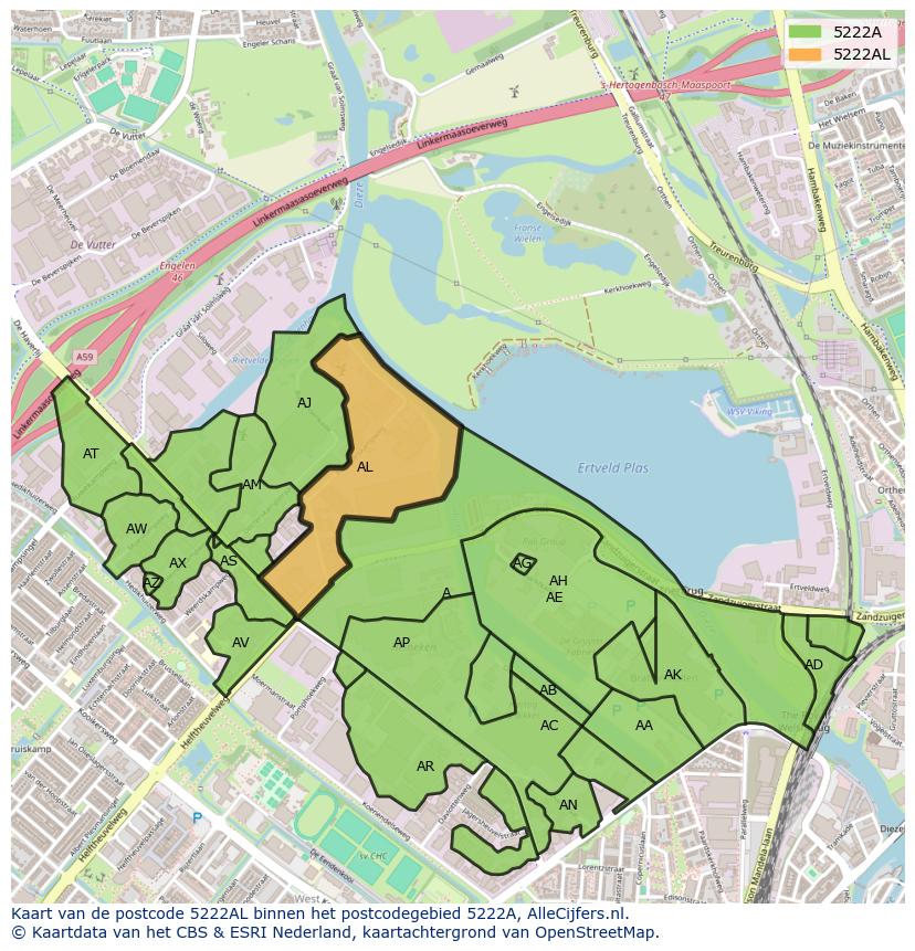 Afbeelding van het postcodegebied 5222 AL op de kaart.