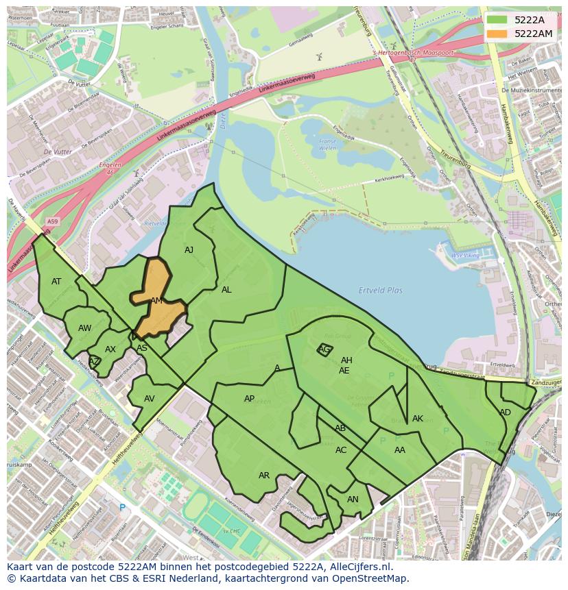 Afbeelding van het postcodegebied 5222 AM op de kaart.