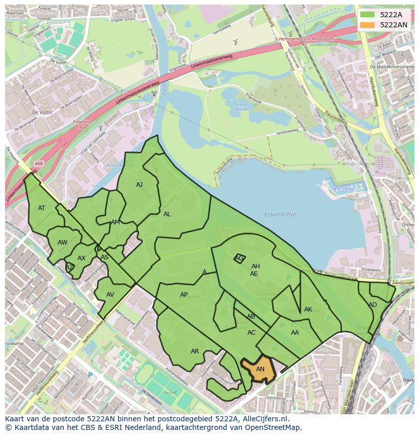 Afbeelding van het postcodegebied 5222 AN op de kaart.