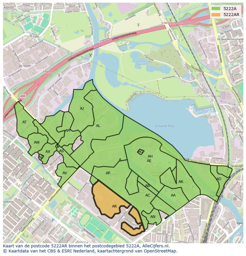 Afbeelding van het postcodegebied 5222 AR op de kaart.
