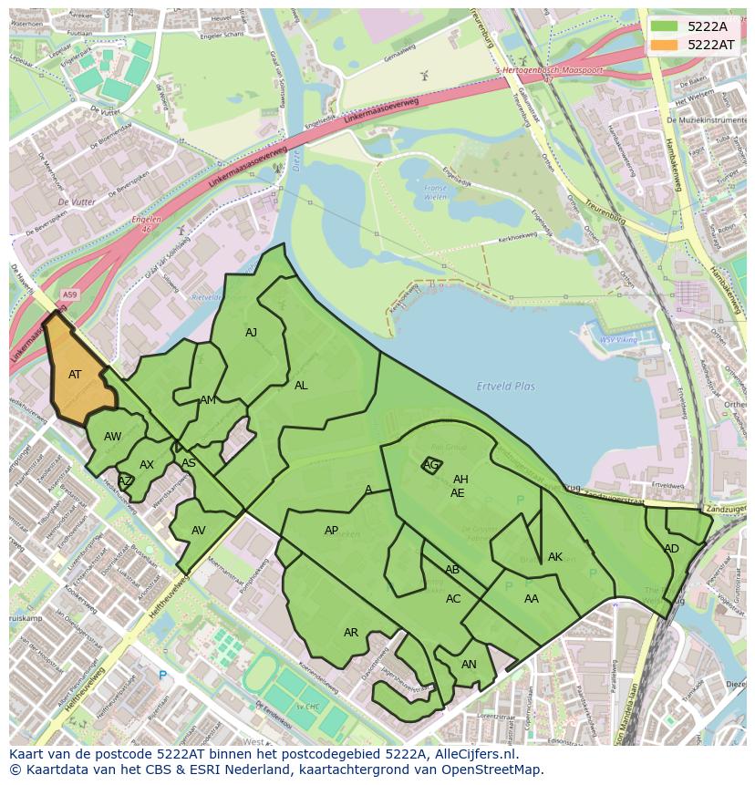 Afbeelding van het postcodegebied 5222 AT op de kaart.