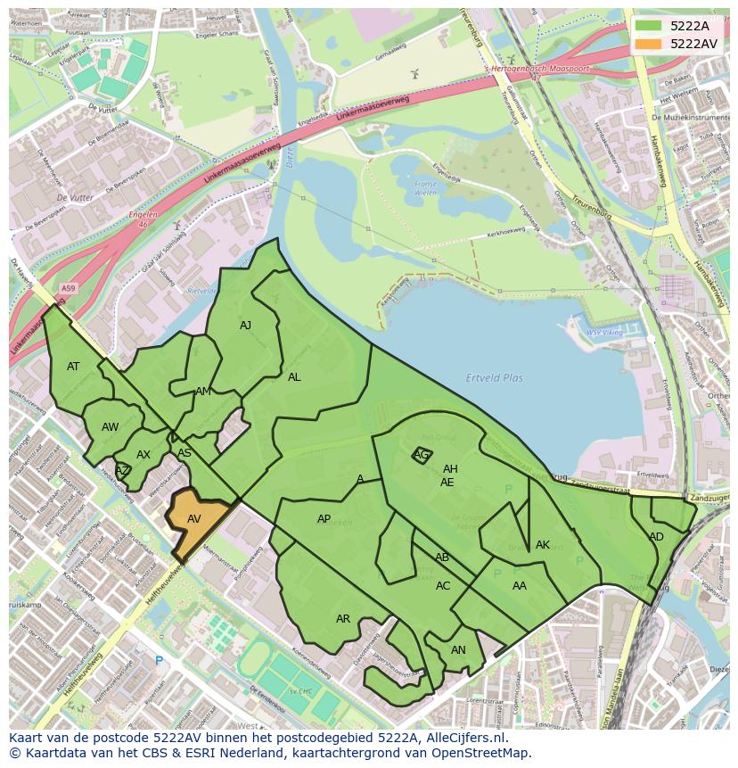 Afbeelding van het postcodegebied 5222 AV op de kaart.