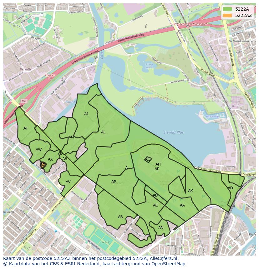 Afbeelding van het postcodegebied 5222 AZ op de kaart.