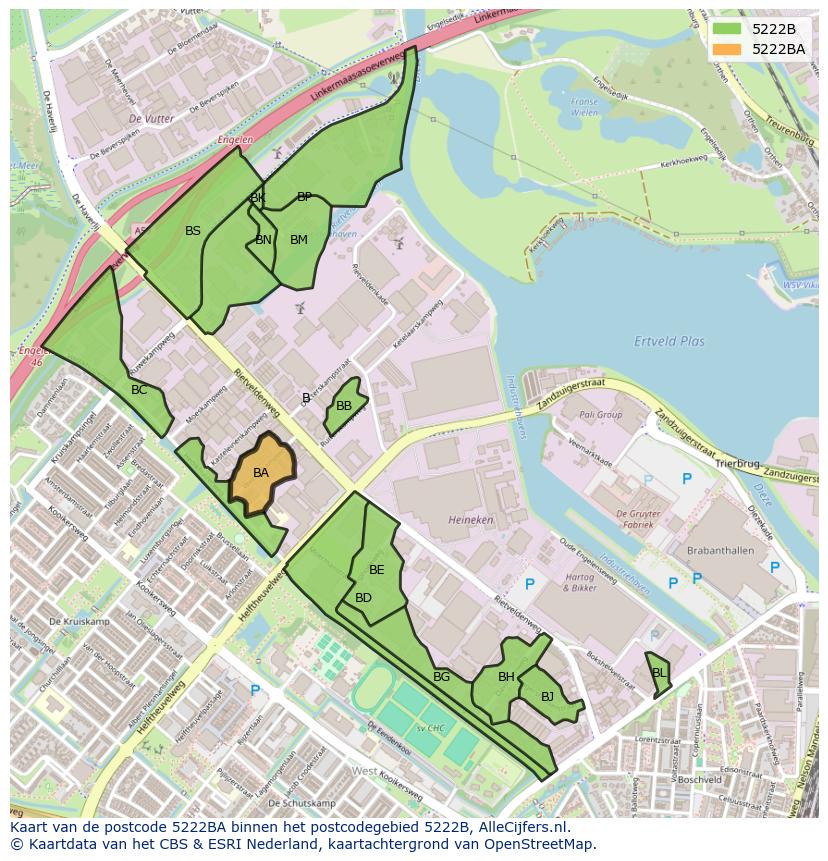 Afbeelding van het postcodegebied 5222 BA op de kaart.