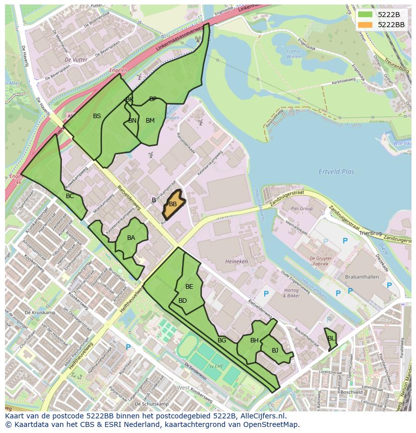Afbeelding van het postcodegebied 5222 BB op de kaart.