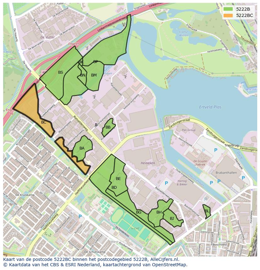 Afbeelding van het postcodegebied 5222 BC op de kaart.