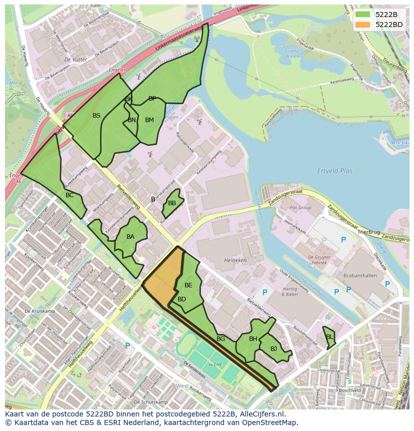 Afbeelding van het postcodegebied 5222 BD op de kaart.