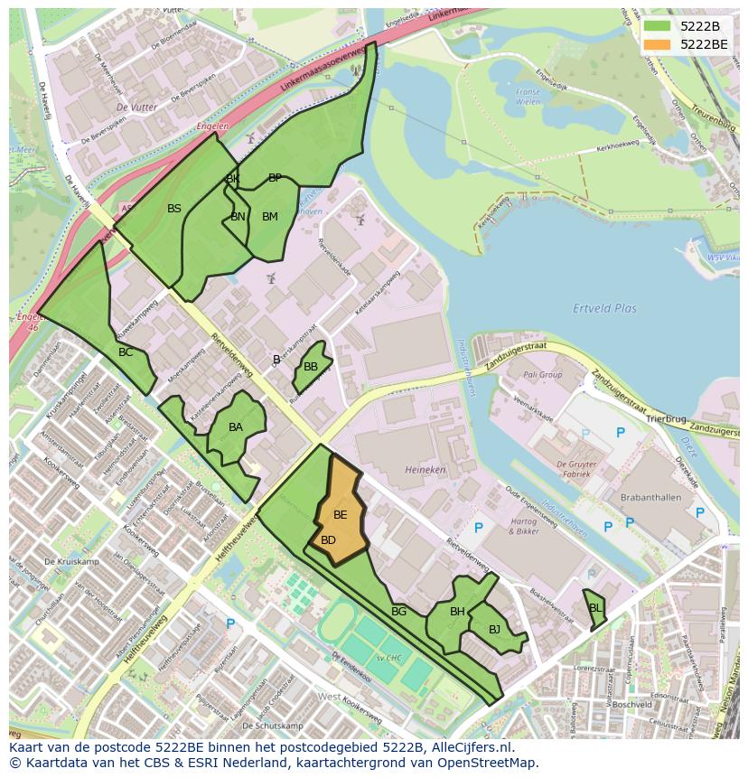 Afbeelding van het postcodegebied 5222 BE op de kaart.