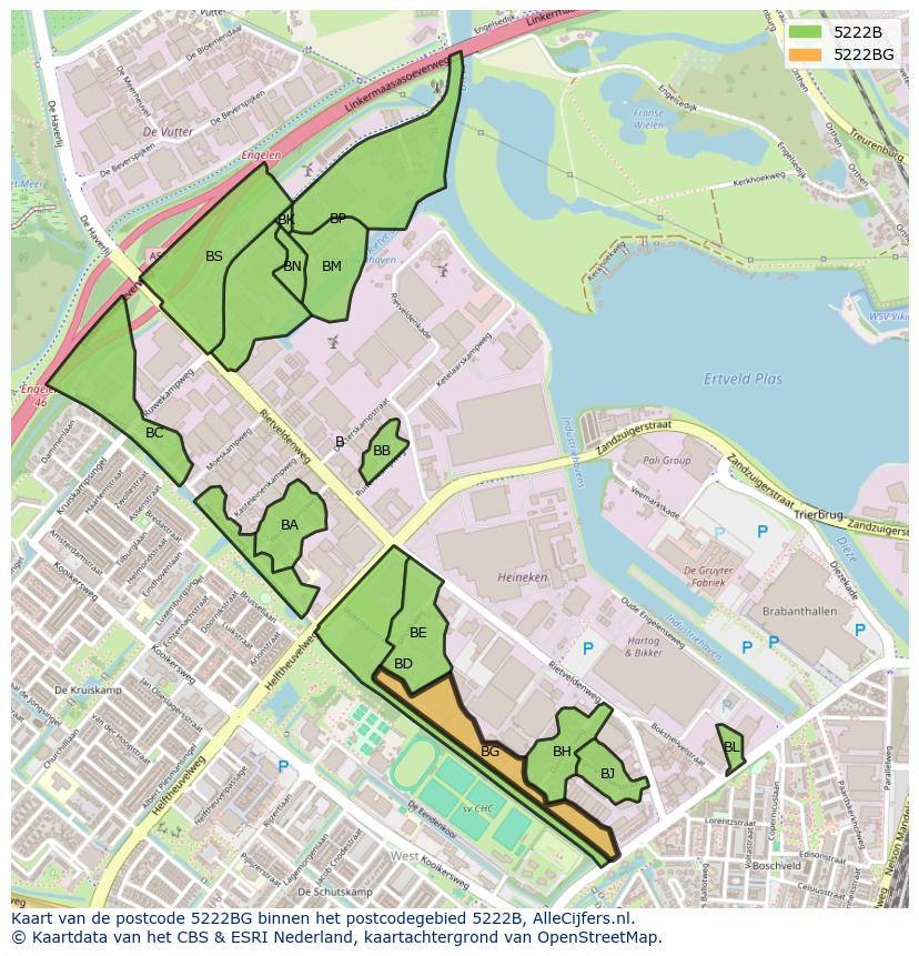 Afbeelding van het postcodegebied 5222 BG op de kaart.
