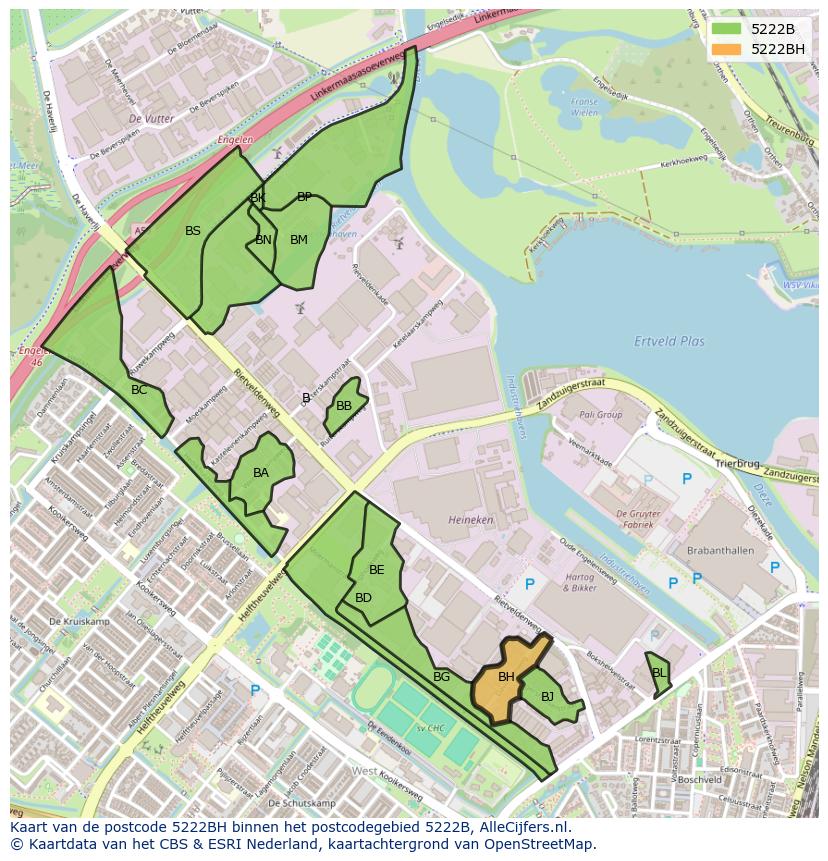 Afbeelding van het postcodegebied 5222 BH op de kaart.