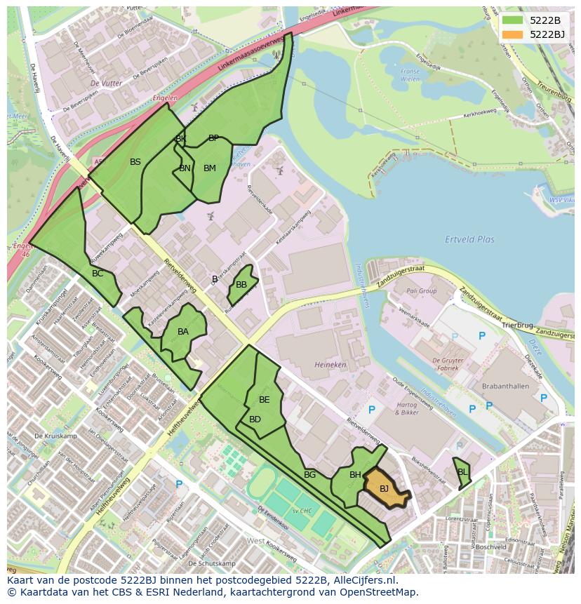 Afbeelding van het postcodegebied 5222 BJ op de kaart.