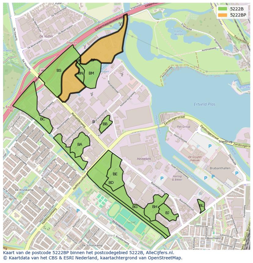Afbeelding van het postcodegebied 5222 BP op de kaart.