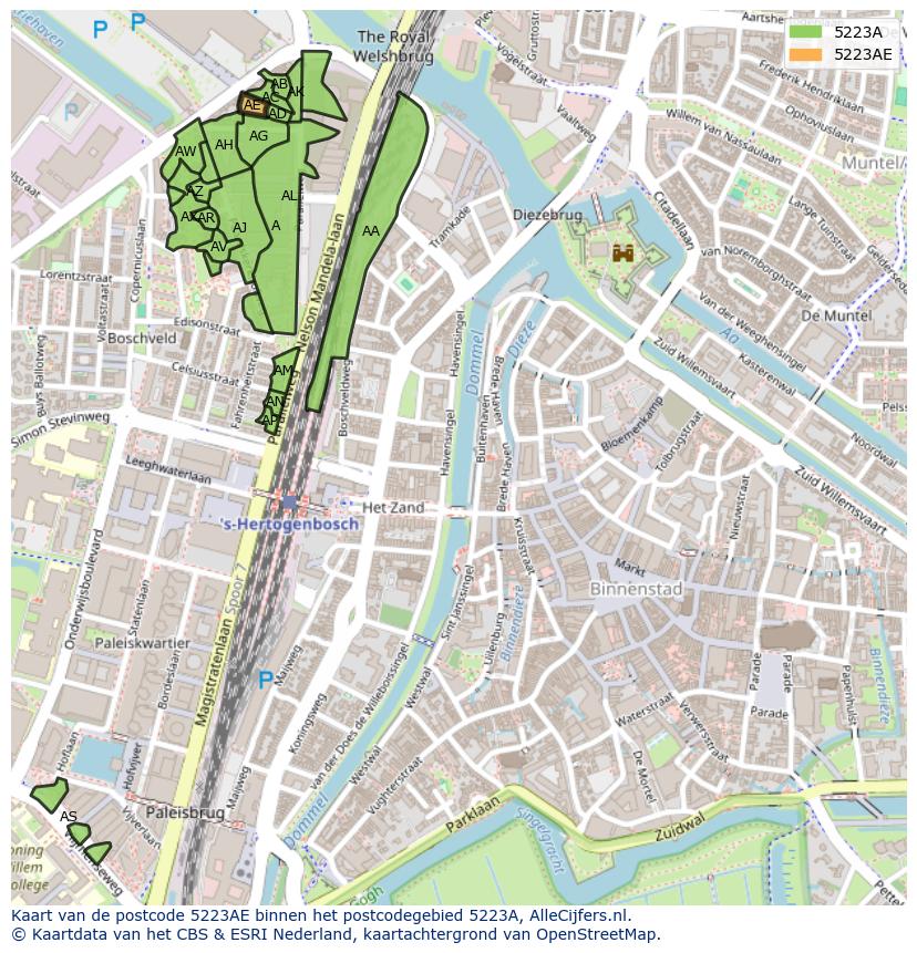 Afbeelding van het postcodegebied 5223 AE op de kaart.