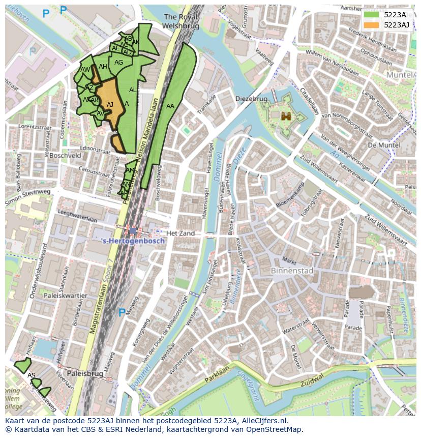 Afbeelding van het postcodegebied 5223 AJ op de kaart.