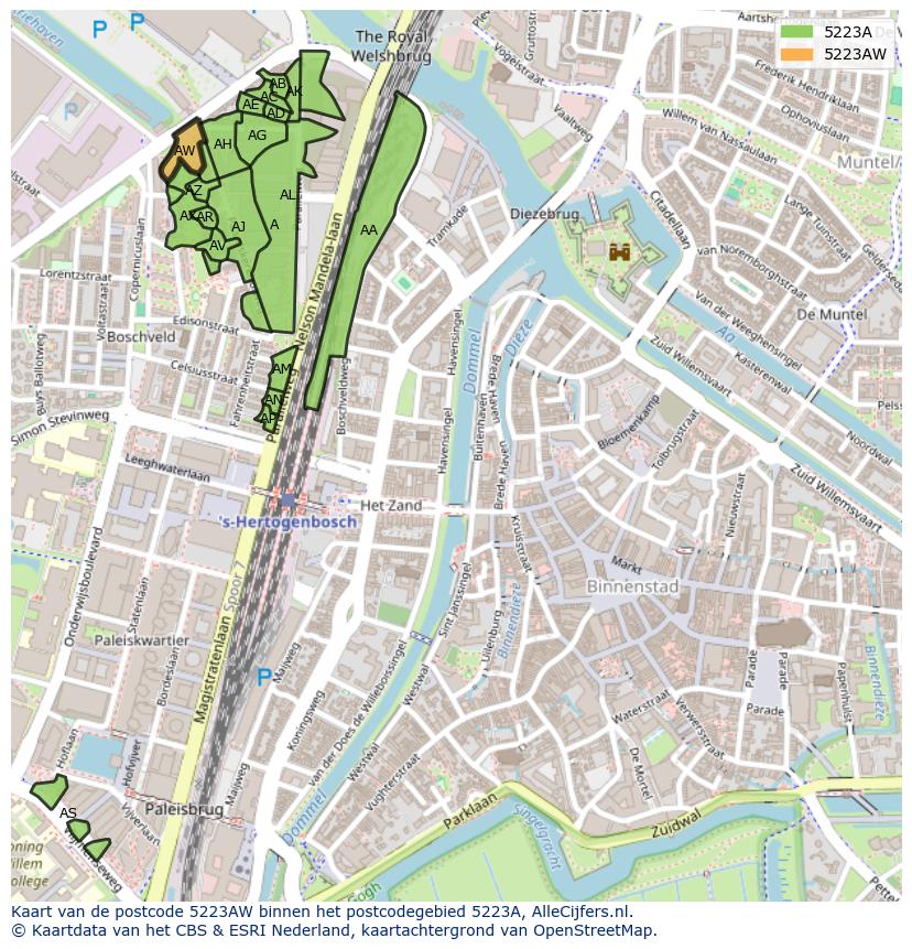 Afbeelding van het postcodegebied 5223 AW op de kaart.