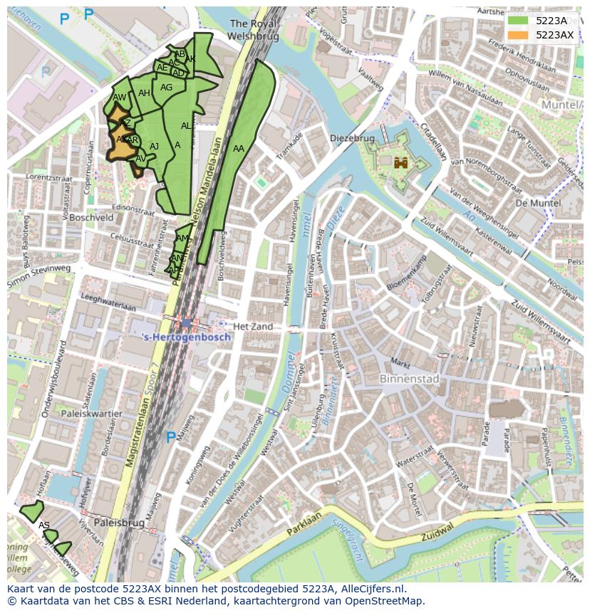 Afbeelding van het postcodegebied 5223 AX op de kaart.