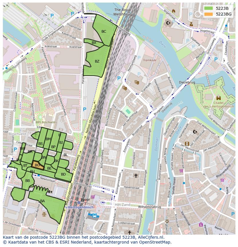 Afbeelding van het postcodegebied 5223 BG op de kaart.