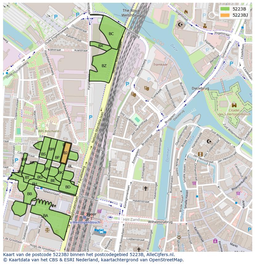 Afbeelding van het postcodegebied 5223 BJ op de kaart.