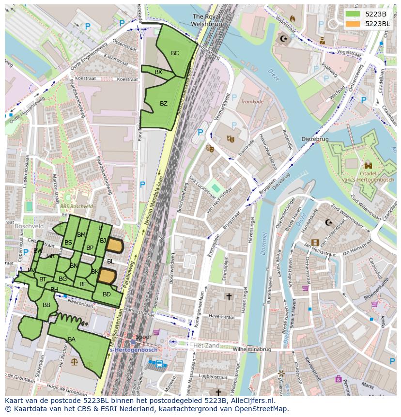 Afbeelding van het postcodegebied 5223 BL op de kaart.