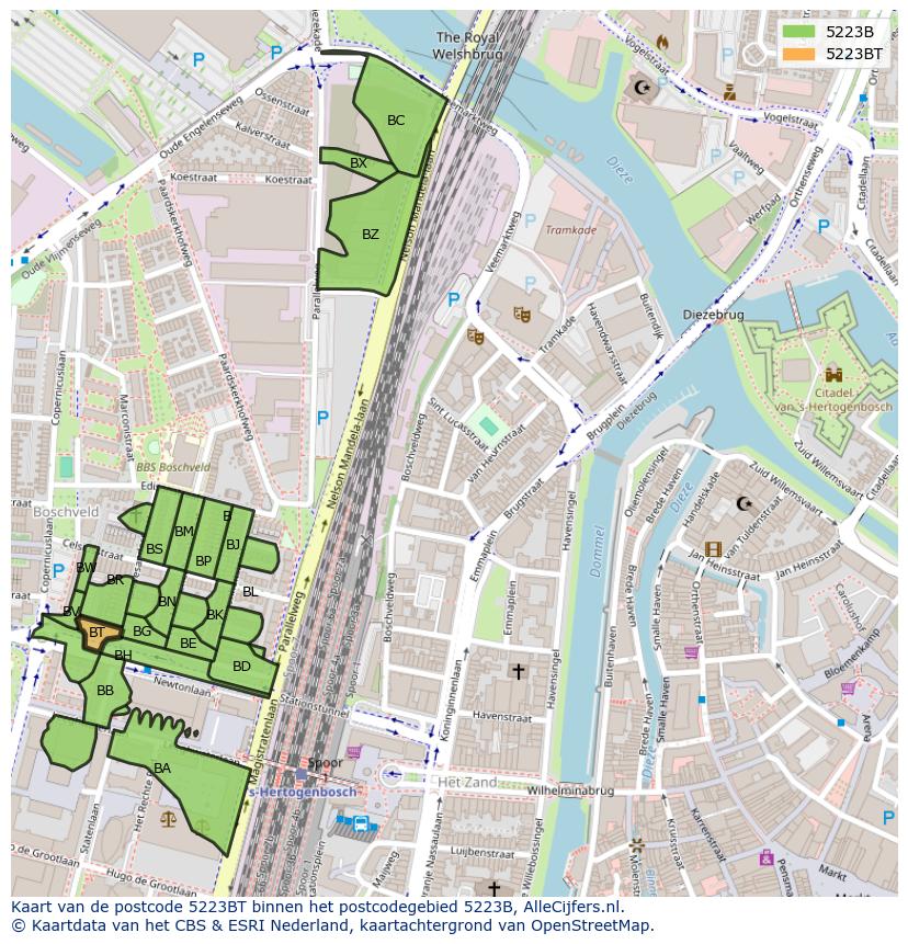 Afbeelding van het postcodegebied 5223 BT op de kaart.