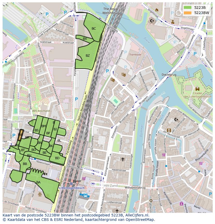Afbeelding van het postcodegebied 5223 BW op de kaart.
