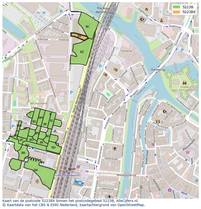 Afbeelding van het postcodegebied 5223 BX op de kaart.