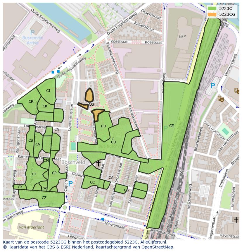 Afbeelding van het postcodegebied 5223 CG op de kaart.