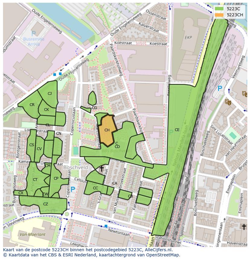 Afbeelding van het postcodegebied 5223 CH op de kaart.