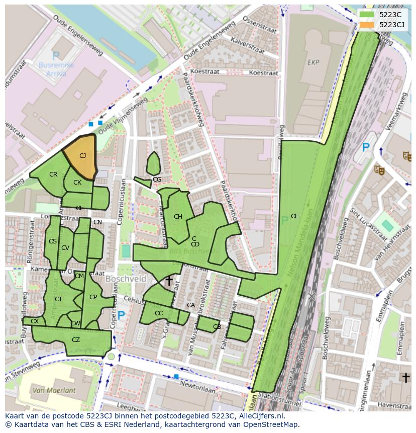 Afbeelding van het postcodegebied 5223 CJ op de kaart.