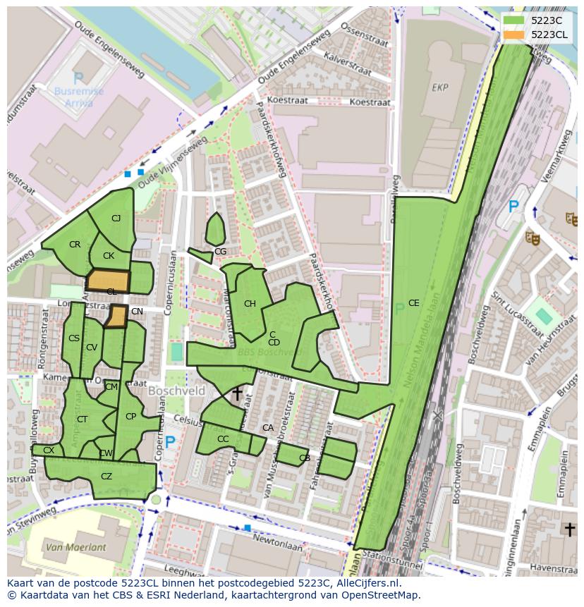 Afbeelding van het postcodegebied 5223 CL op de kaart.