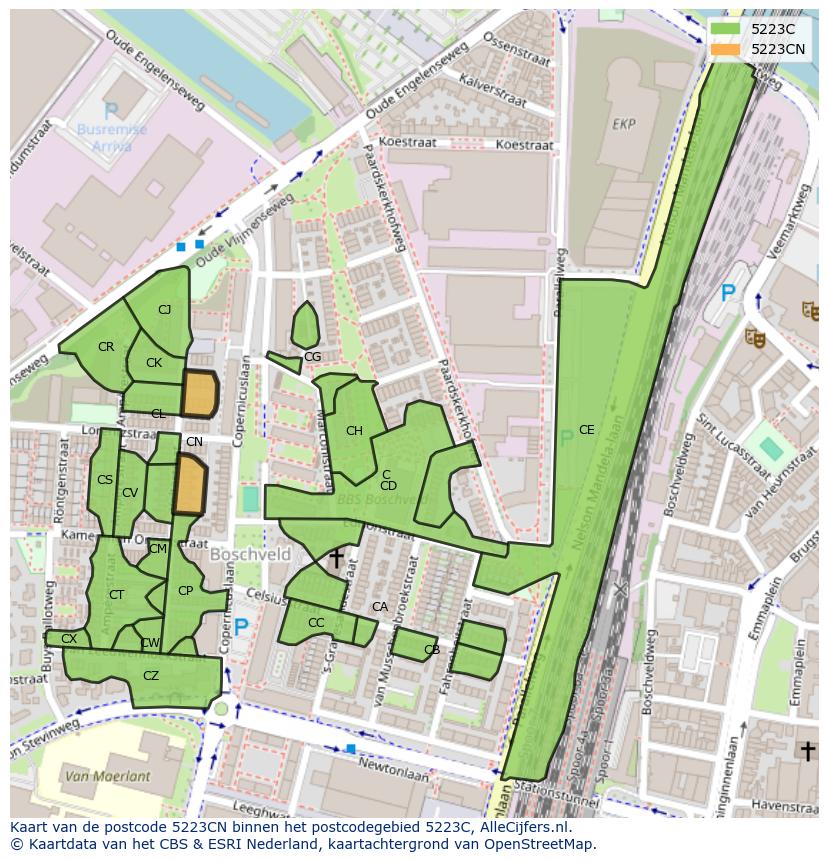 Afbeelding van het postcodegebied 5223 CN op de kaart.