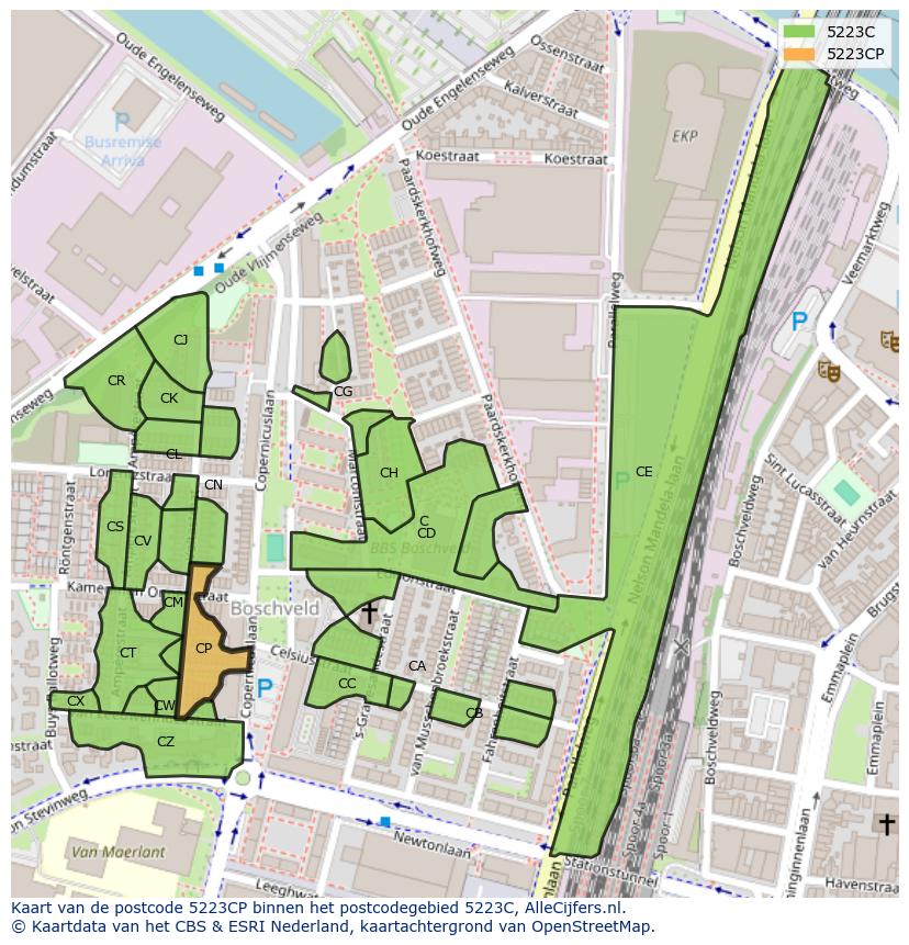 Afbeelding van het postcodegebied 5223 CP op de kaart.