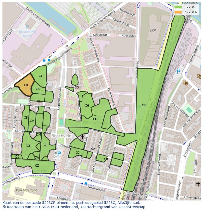 Afbeelding van het postcodegebied 5223 CR op de kaart.