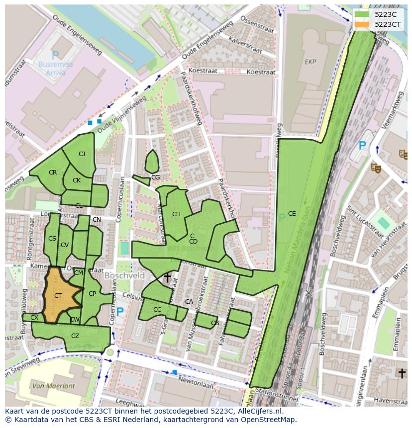 Afbeelding van het postcodegebied 5223 CT op de kaart.