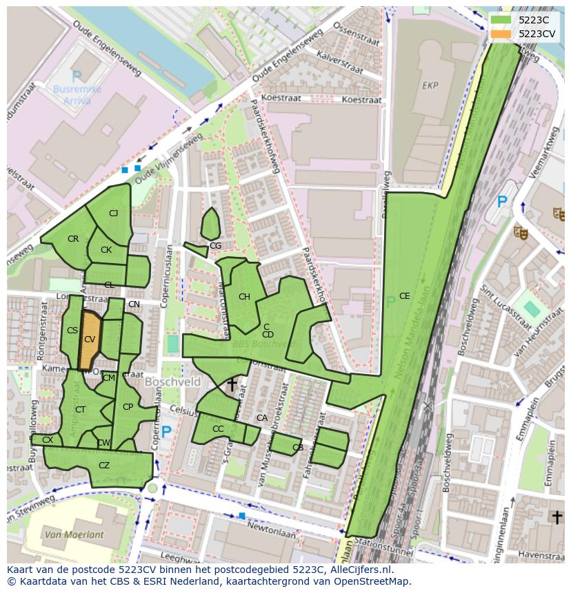 Afbeelding van het postcodegebied 5223 CV op de kaart.