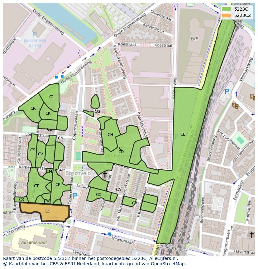 Afbeelding van het postcodegebied 5223 CZ op de kaart.