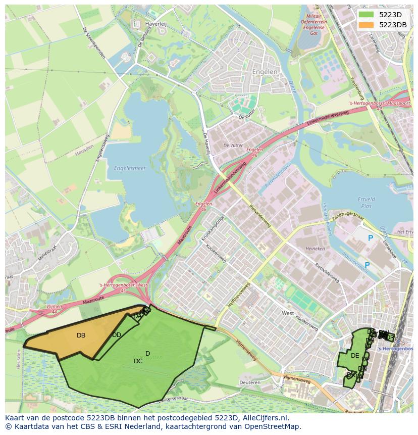 Afbeelding van het postcodegebied 5223 DB op de kaart.