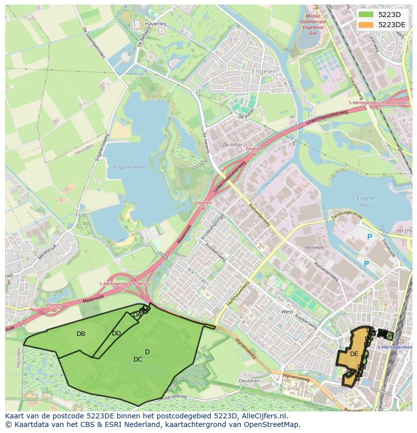 Afbeelding van het postcodegebied 5223 DE op de kaart.