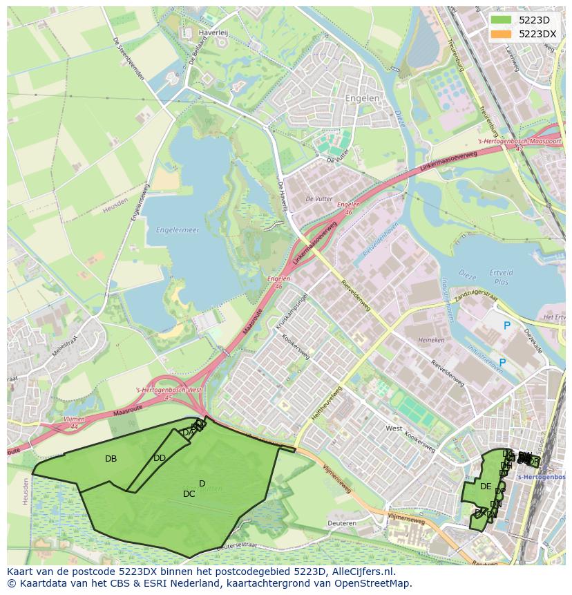 Afbeelding van het postcodegebied 5223 DX op de kaart.