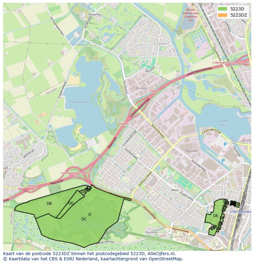 Afbeelding van het postcodegebied 5223 DZ op de kaart.