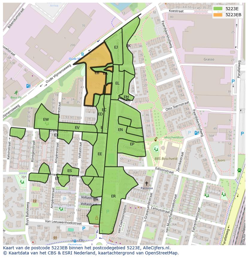 Afbeelding van het postcodegebied 5223 EB op de kaart.