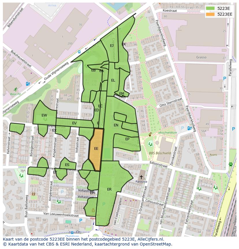 Afbeelding van het postcodegebied 5223 EE op de kaart.