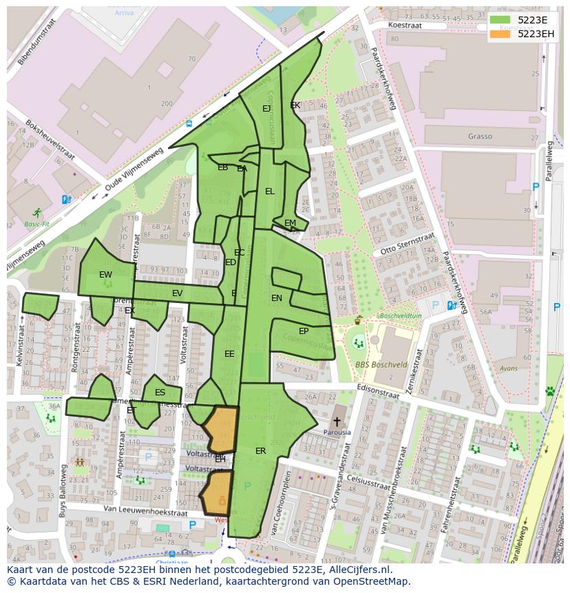 Afbeelding van het postcodegebied 5223 EH op de kaart.
