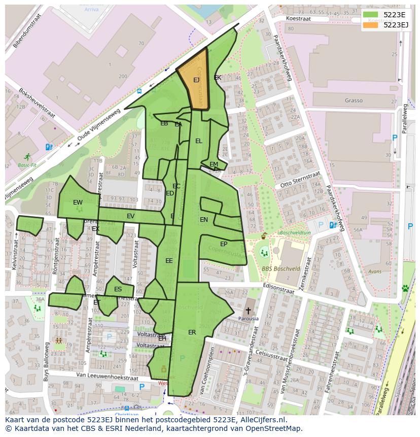 Afbeelding van het postcodegebied 5223 EJ op de kaart.