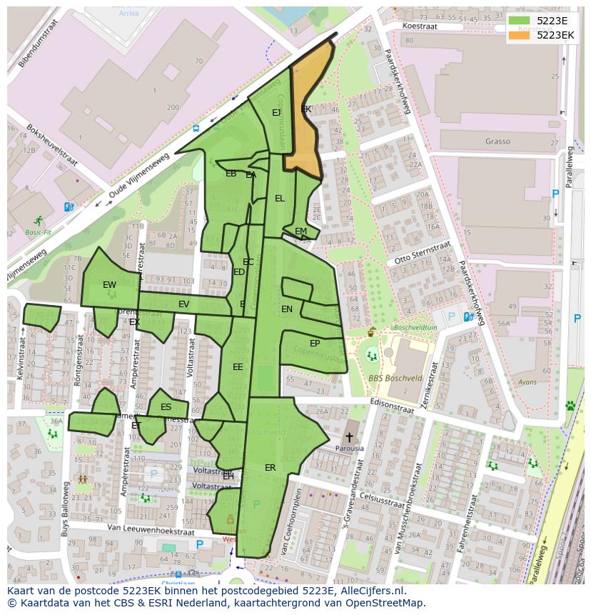Afbeelding van het postcodegebied 5223 EK op de kaart.