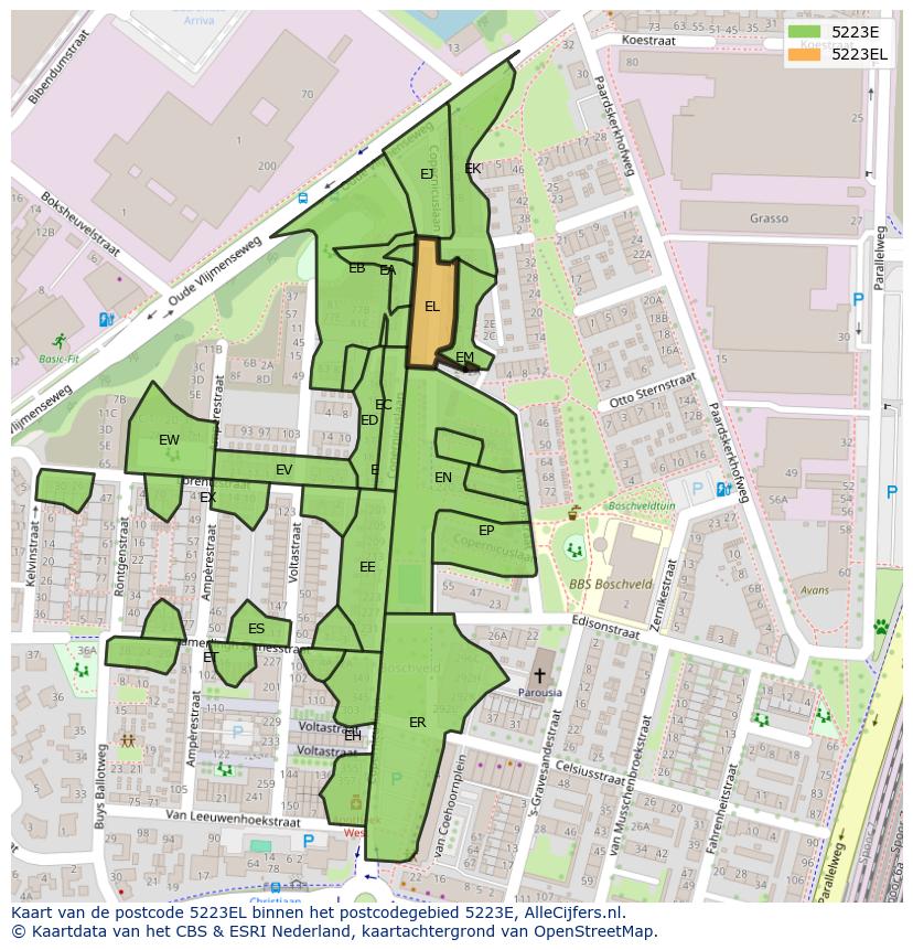 Afbeelding van het postcodegebied 5223 EL op de kaart.