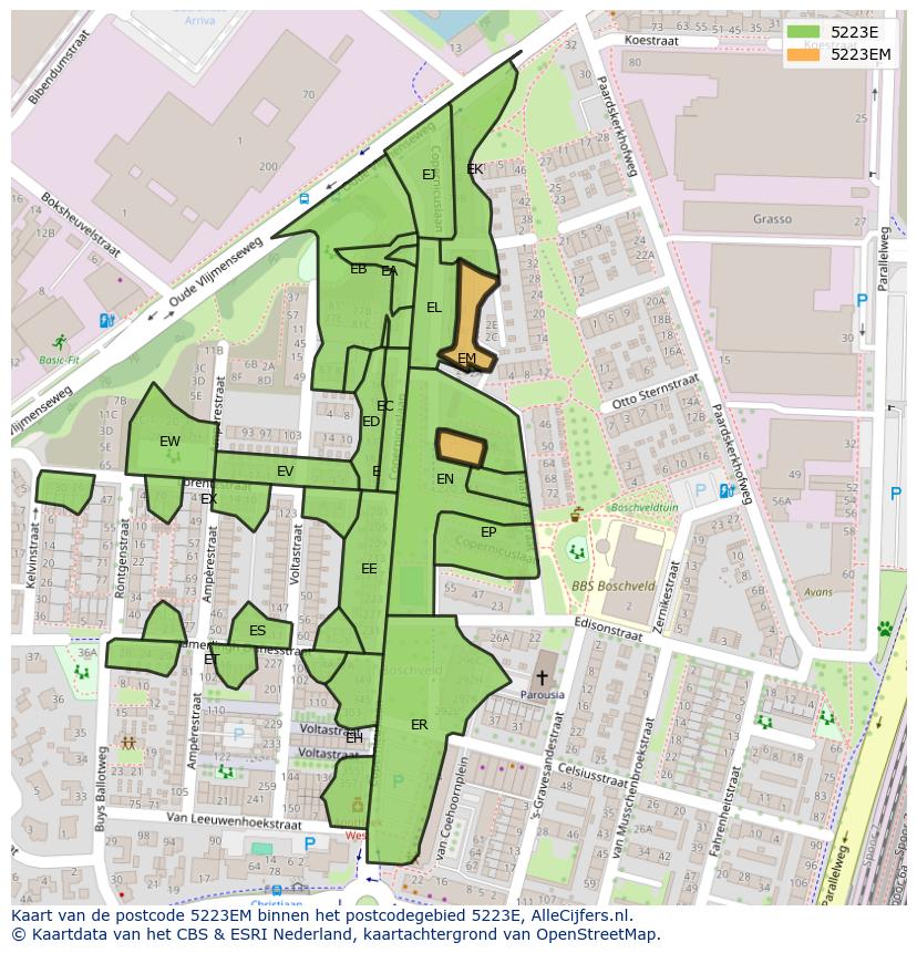 Afbeelding van het postcodegebied 5223 EM op de kaart.