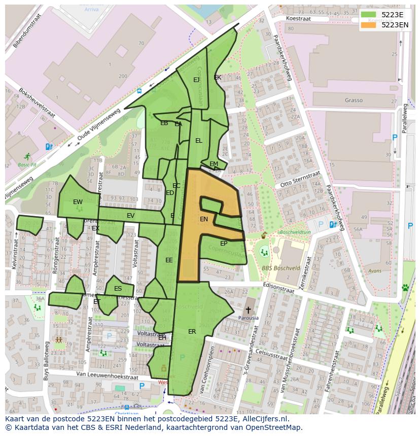 Afbeelding van het postcodegebied 5223 EN op de kaart.