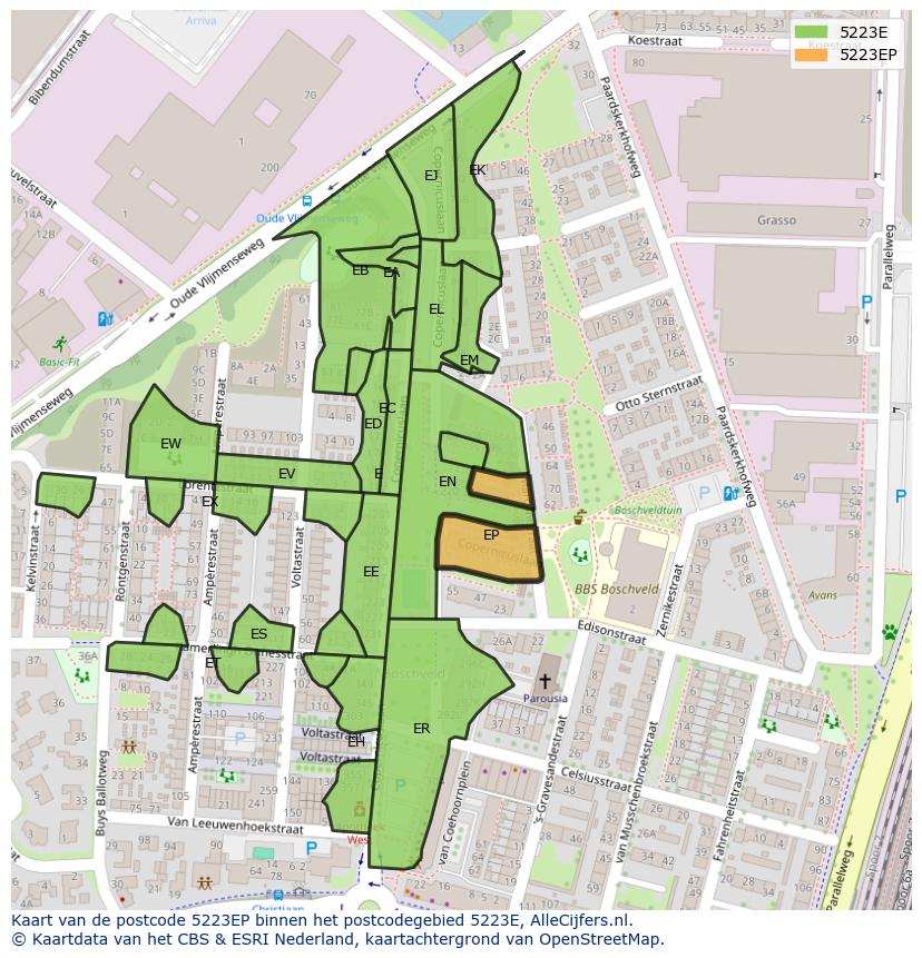 Afbeelding van het postcodegebied 5223 EP op de kaart.
