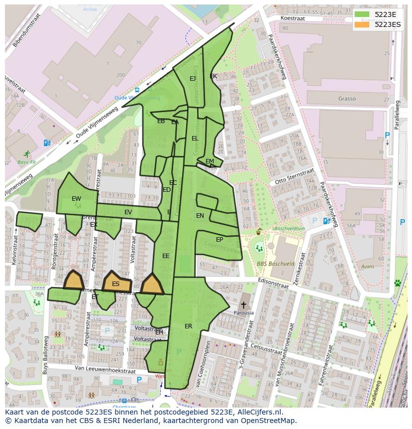 Afbeelding van het postcodegebied 5223 ES op de kaart.